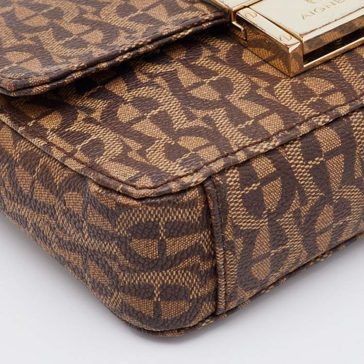 Pre Owned Aigner Brown Signature Canvas and Leather Flap Crossbody Bag 