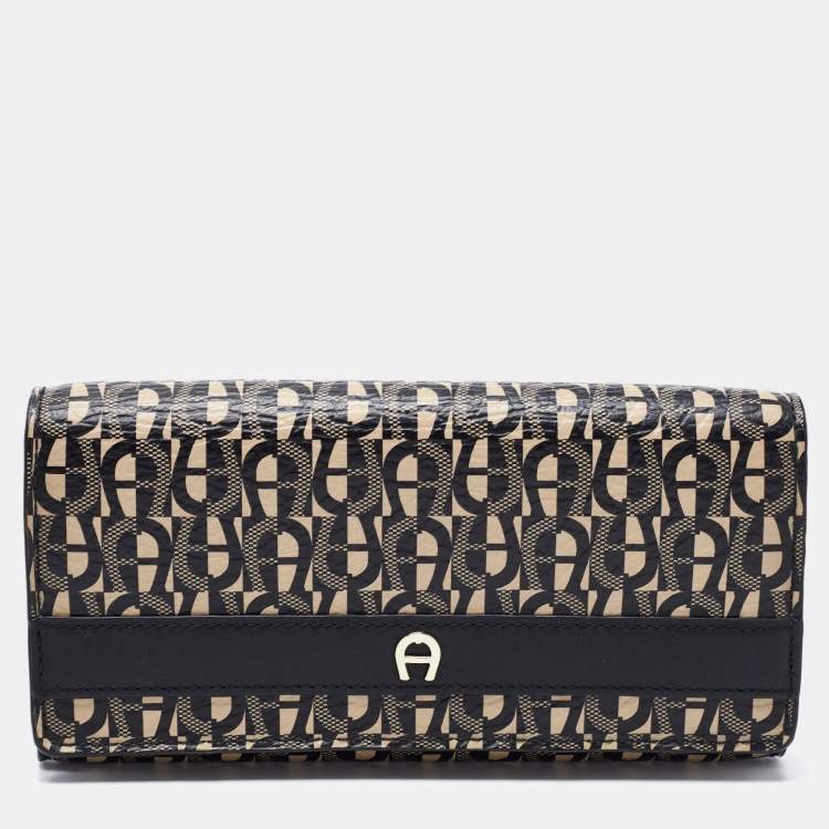 مملوكة مسبقًا Aigner Black/Beige Monogram Coated Canvas and Leather Continental Wallet