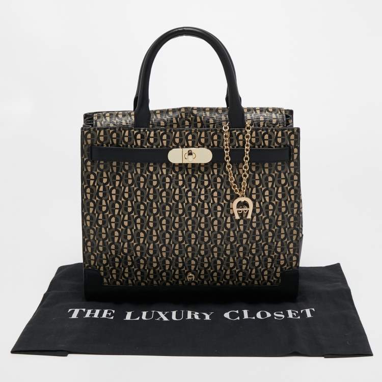 Pre Owned Aigner Black Monogram Coated Canvas and Leather Charm Tote
