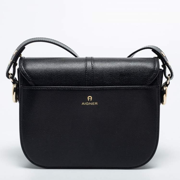 Pre Owned Aigner Black Leather Flap Crossbody Bag