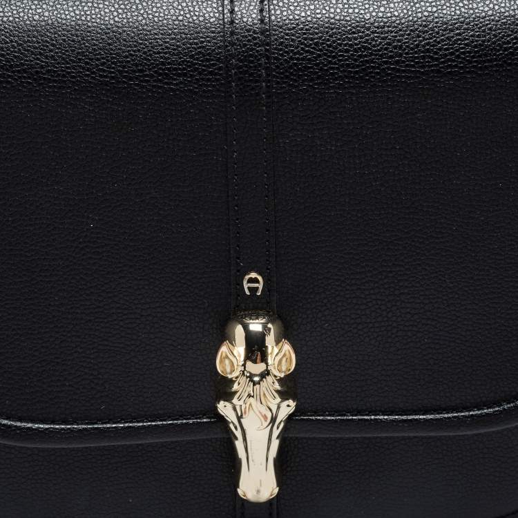 Pre Owned Aigner Black Leather Flap Crossbody Bag