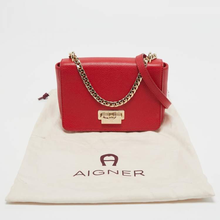 Pre Owned Aigner Red Leather Flap Crossbody Bag