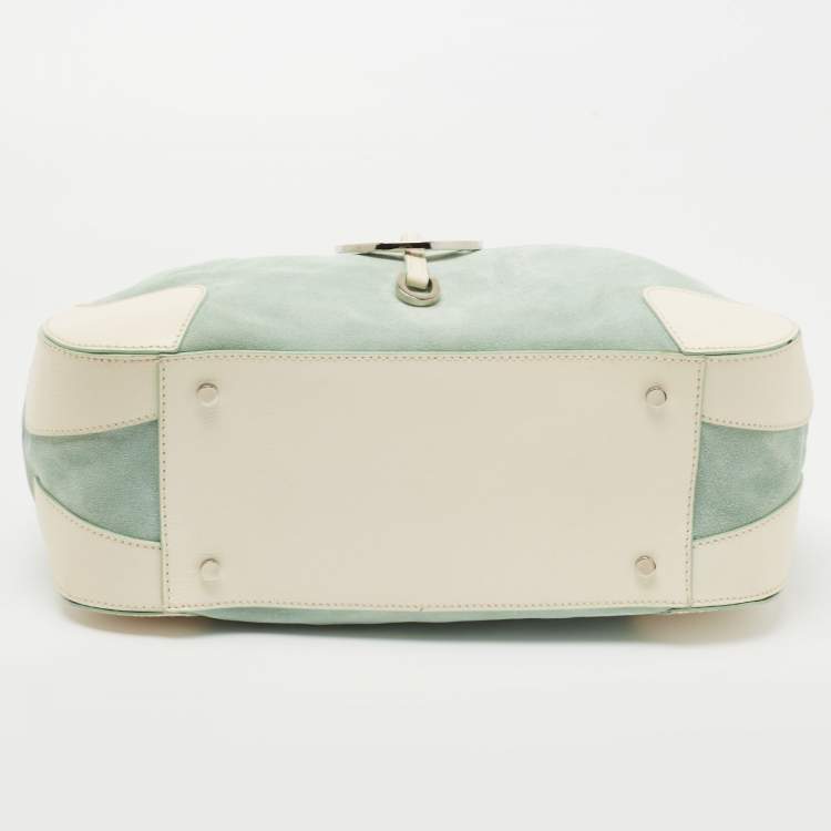 Pre Owned Aigner Green/White Leather and Suede Logo Buckle Shoulder Bag