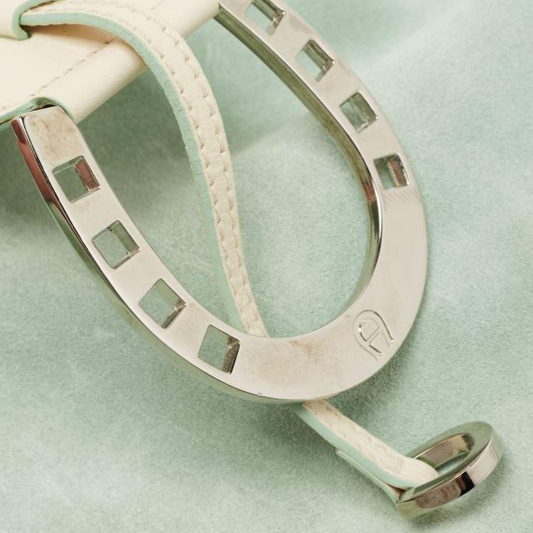 Pre Owned Aigner Green/White Leather and Suede Logo Buckle Shoulder Bag