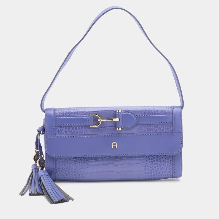 Pre Owned Aigner Purple Croc Embossed Leather Cavallina Flap Shoulder Bag