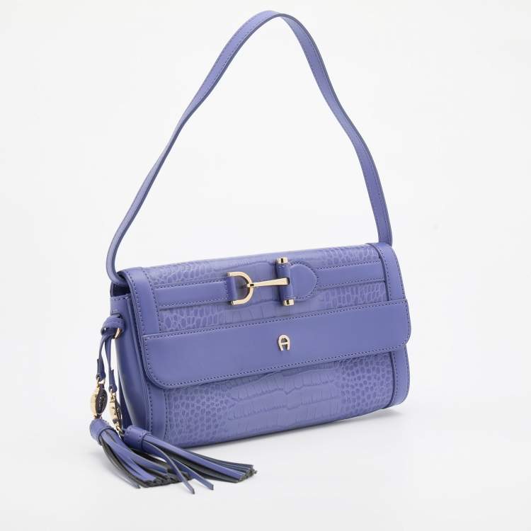 Pre Owned Aigner Purple Croc Embossed Leather Cavallina Flap Shoulder Bag