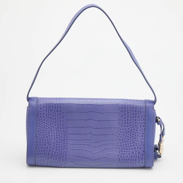 Pre Owned Aigner Purple Croc Embossed Leather Cavallina Flap Shoulder Bag