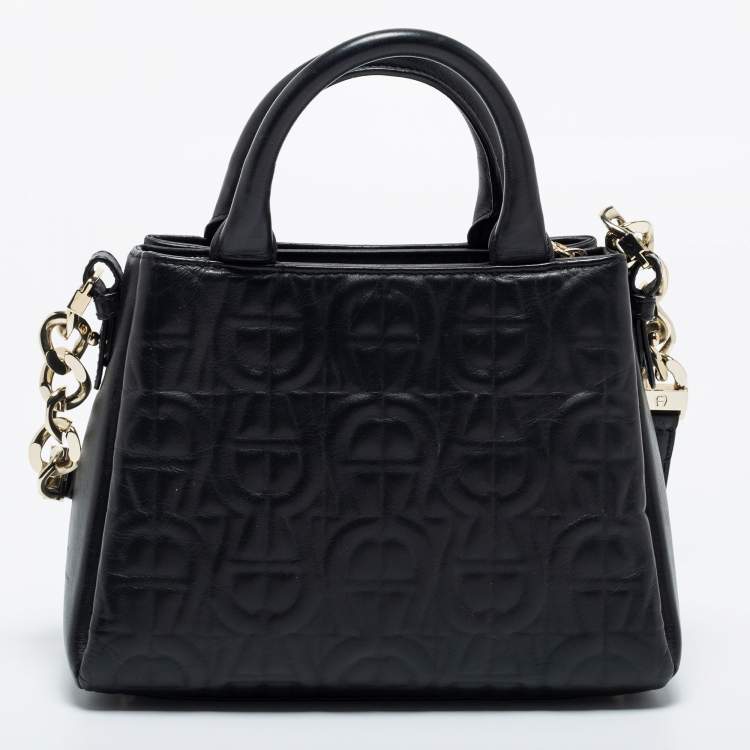 Pre Owned Aigner Black Embossed Leather Zip Satchel