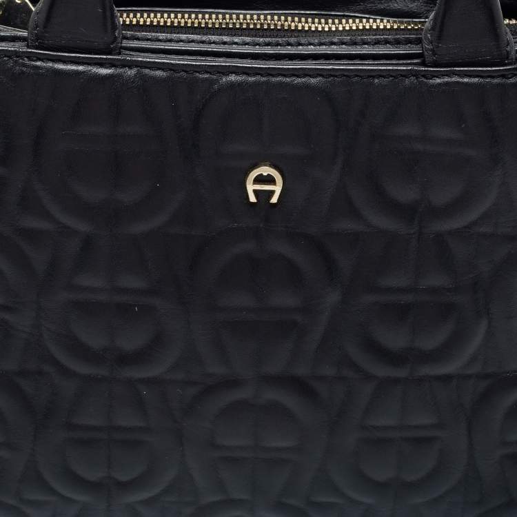 Pre Owned Aigner Black Embossed Leather Zip Satchel