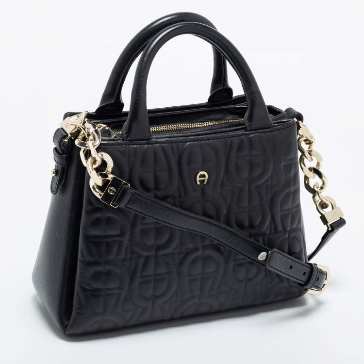 Pre Owned Aigner Black Embossed Leather Zip Satchel
