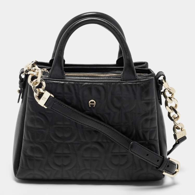 Pre Owned Aigner Black Embossed Leather Zip Satchel