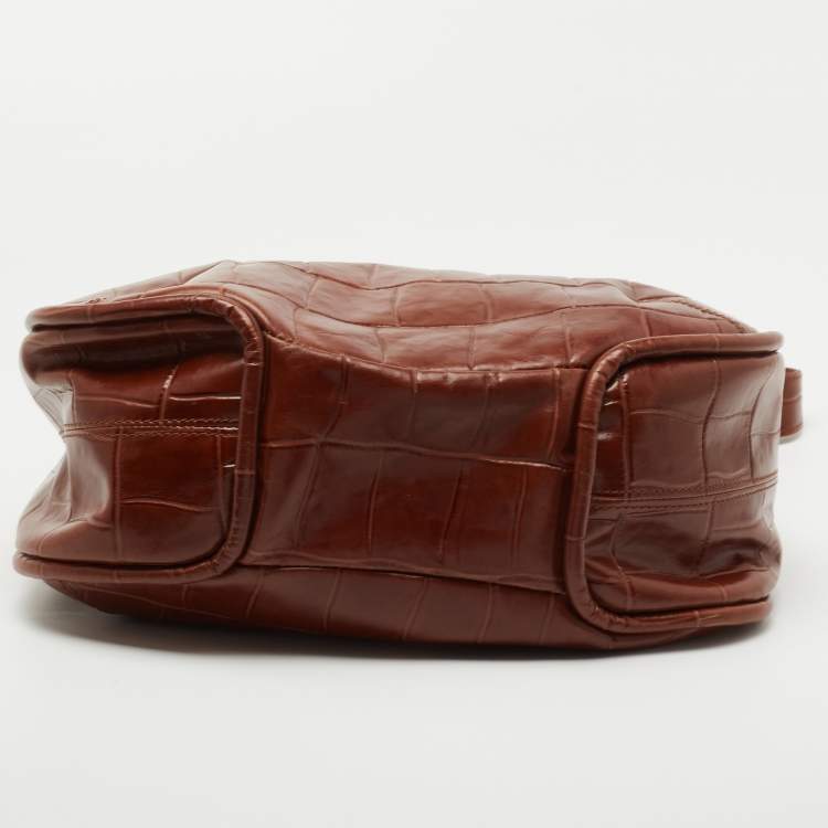 Pre Owned Aigner Brown Croc Embossed Leather Shoulder Bag