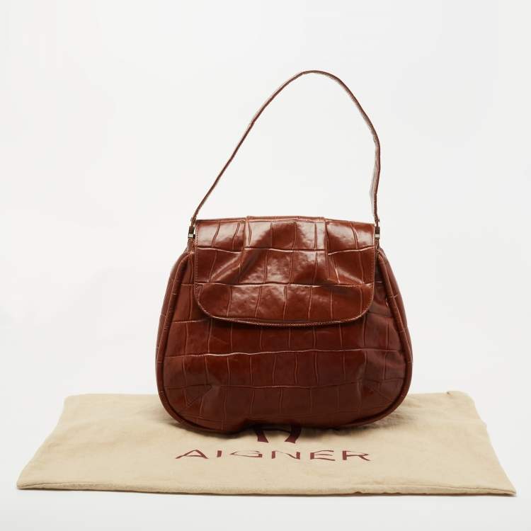 Pre Owned Aigner Brown Croc Embossed Leather Shoulder Bag