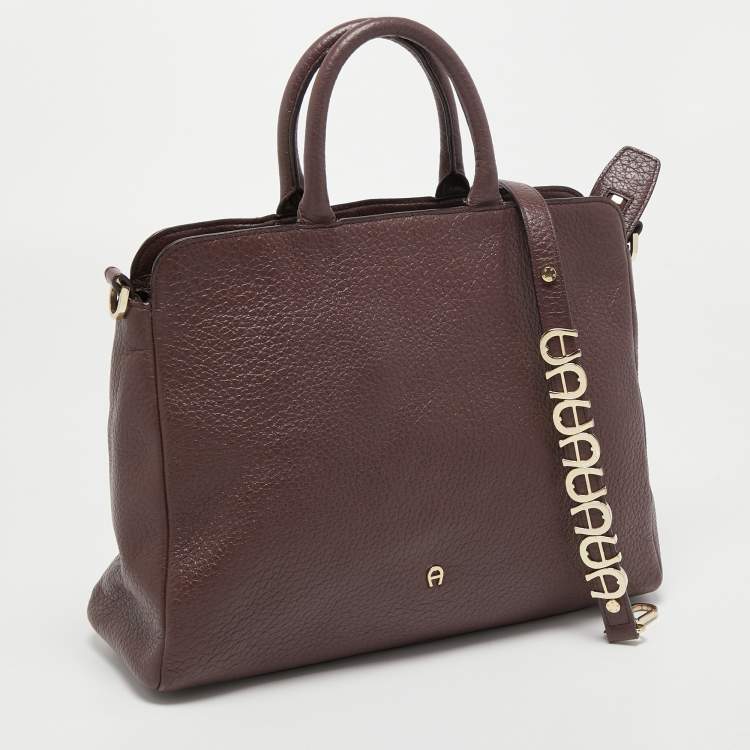 Pre Owned Aigner Dark Brown Leather Embellished Satchel