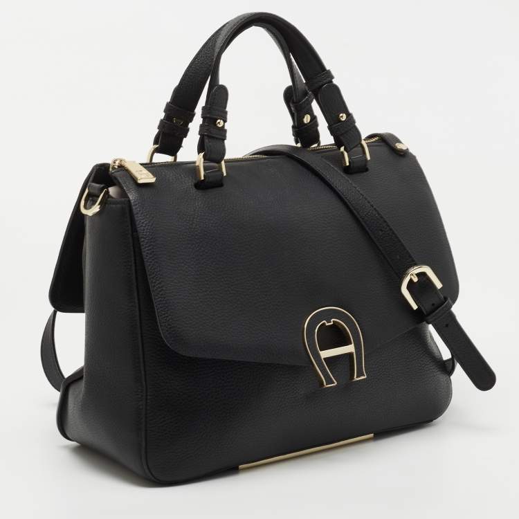 Pre Owned Aigner Black Leather Zip Satchel