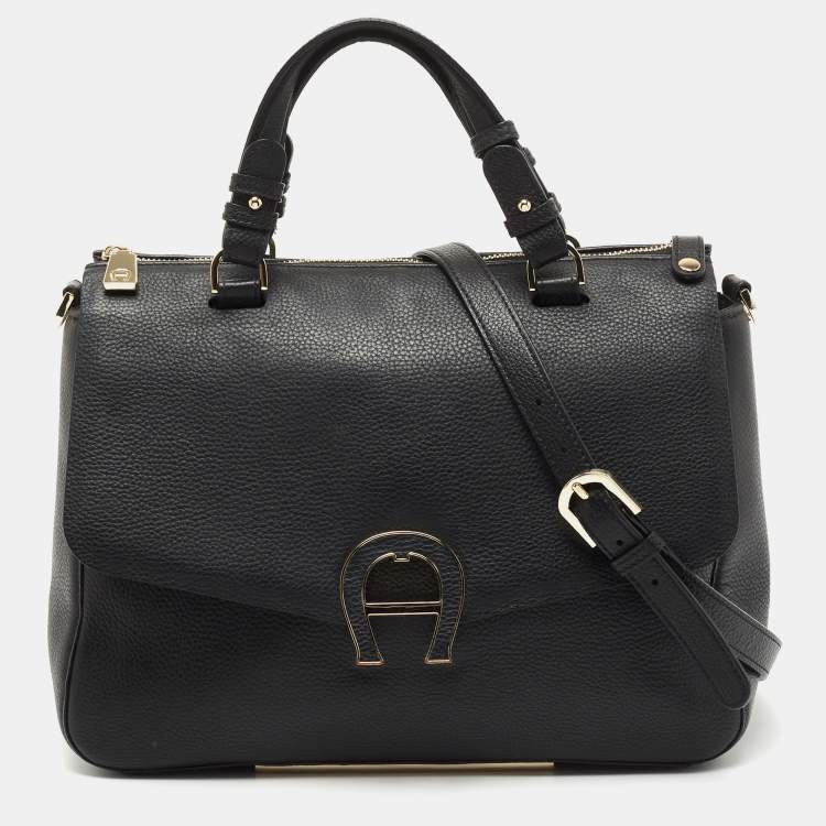 Pre Owned Aigner Black Leather Zip Satchel