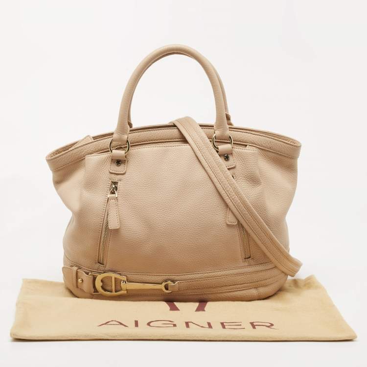 Pre Owned Aigner Beige Grained Leather Logo Buckle Satchel