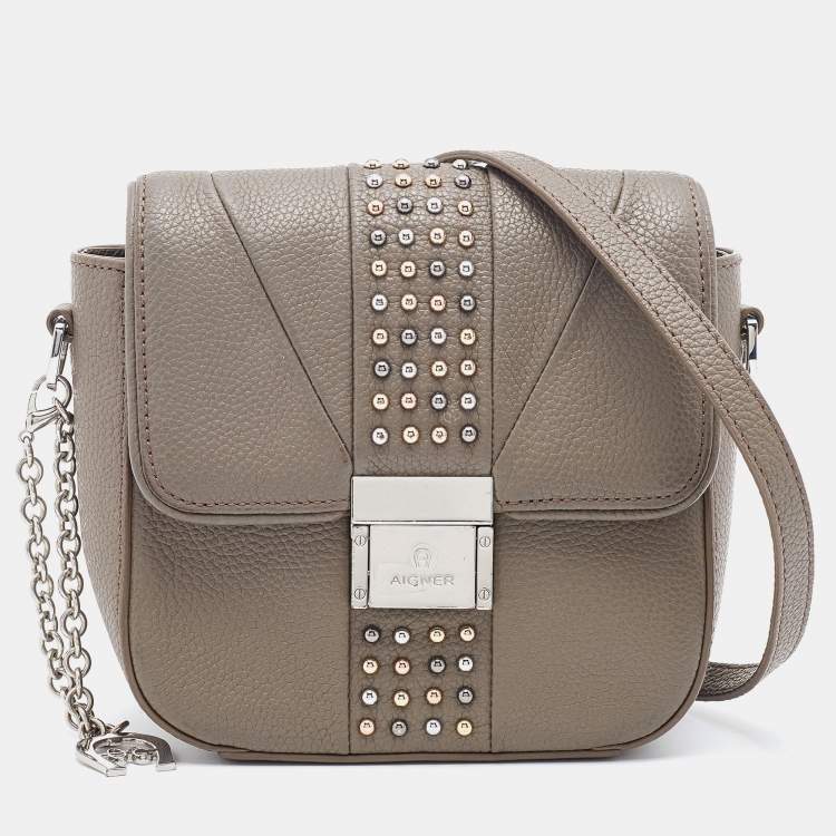 Pre Owned Aigner Grey Leather Studded Flap Shoulder Bag