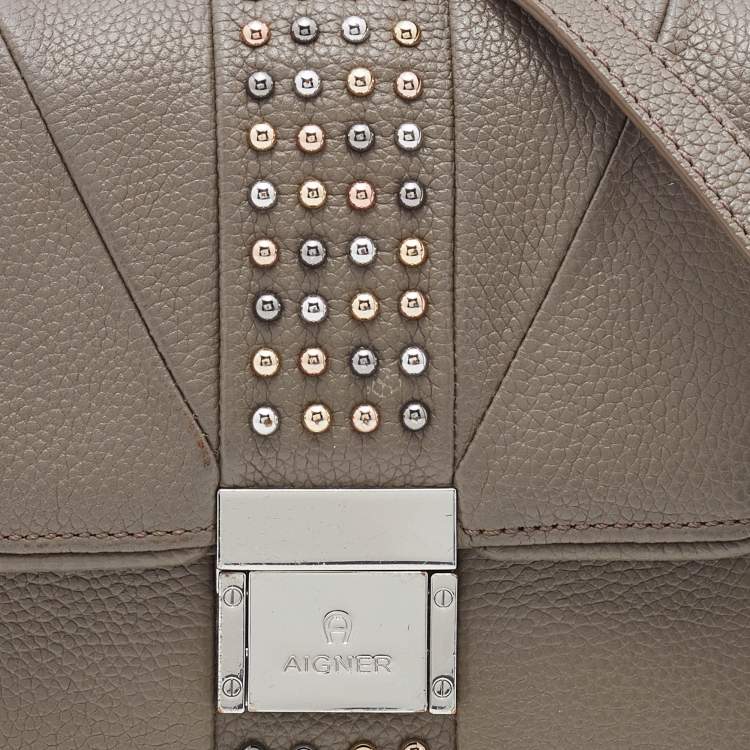 Pre Owned Aigner Grey Leather Studded Flap Shoulder Bag