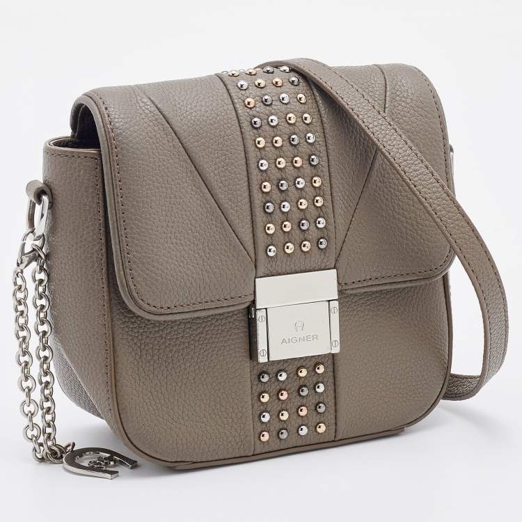 Pre Owned Aigner Grey Leather Studded Flap Shoulder Bag