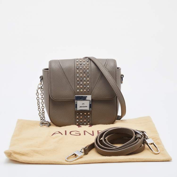 Pre Owned Aigner Grey Leather Studded Flap Shoulder Bag