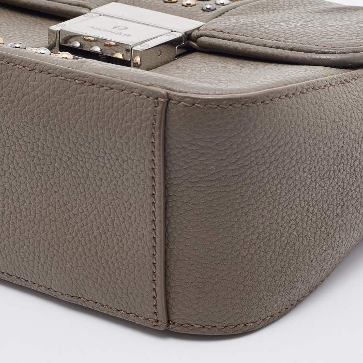 Pre Owned Aigner Grey Leather Studded Flap Shoulder Bag