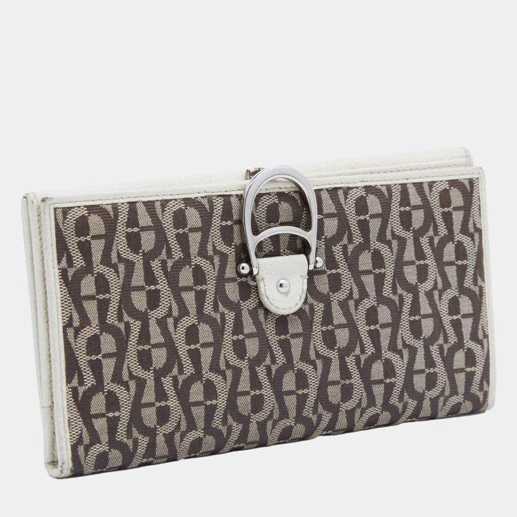 Pre Owned Aigner Off White/Brown Leather and Signature Canvas Continental Wallet