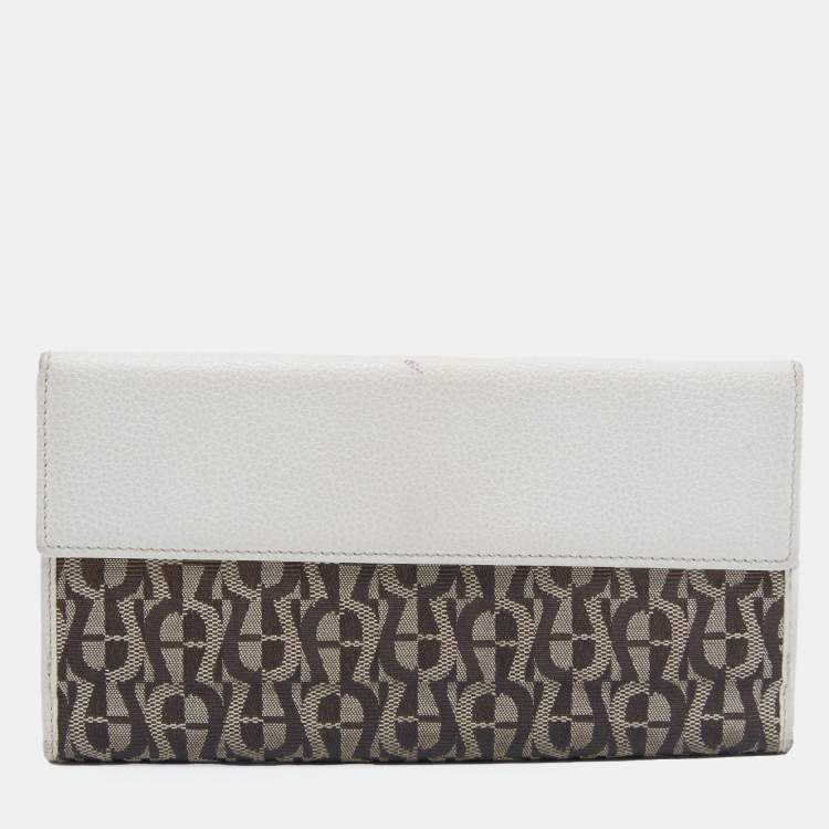 Pre Owned Aigner Off White/Brown Leather and Signature Canvas Continental Wallet