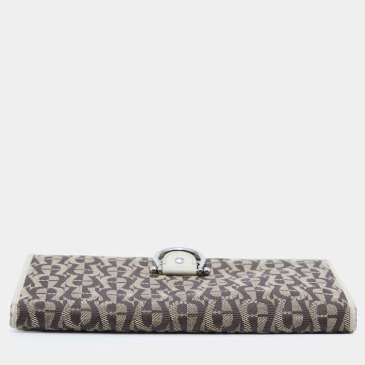 Pre Owned Aigner Off White/Brown Leather and Signature Canvas Continental Wallet