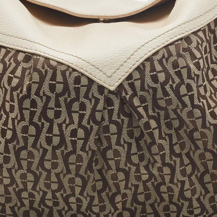 Pre Owned Aigner Off White/Brown Leather and Signature Canvas Shoulder Bag