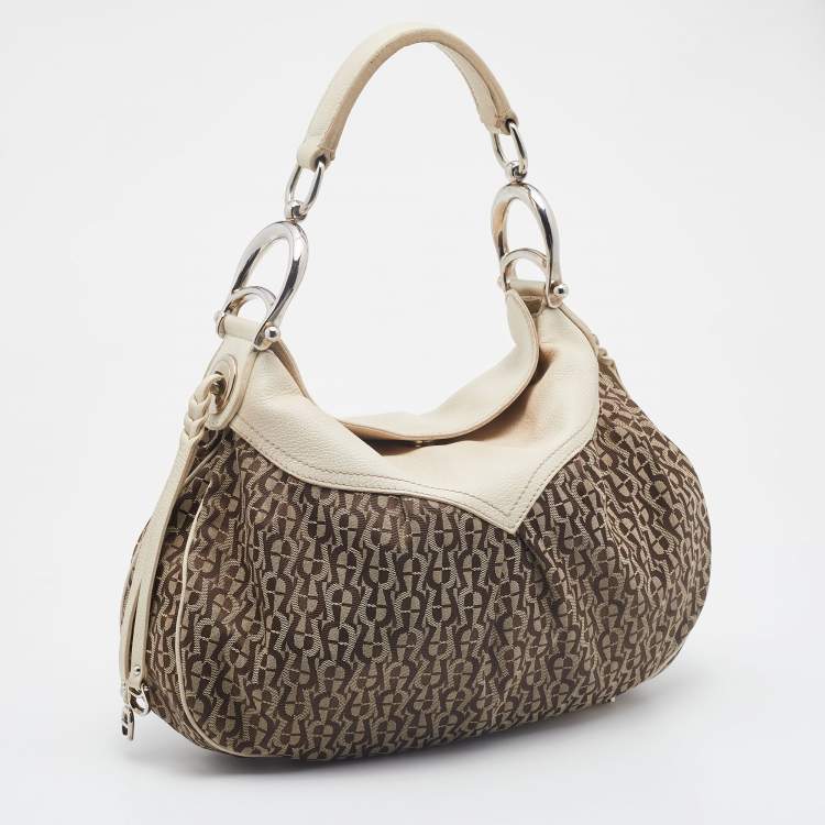 Pre Owned Aigner Off White/Brown Leather and Signature Canvas Shoulder Bag