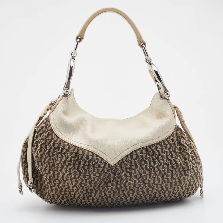 Pre Owned Aigner Off White/Brown Leather and Signature Canvas Shoulder Bag
