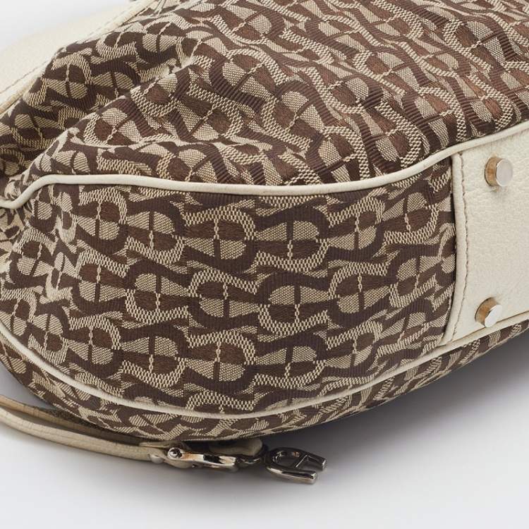 Pre Owned Aigner Off White/Brown Leather and Signature Canvas Shoulder Bag