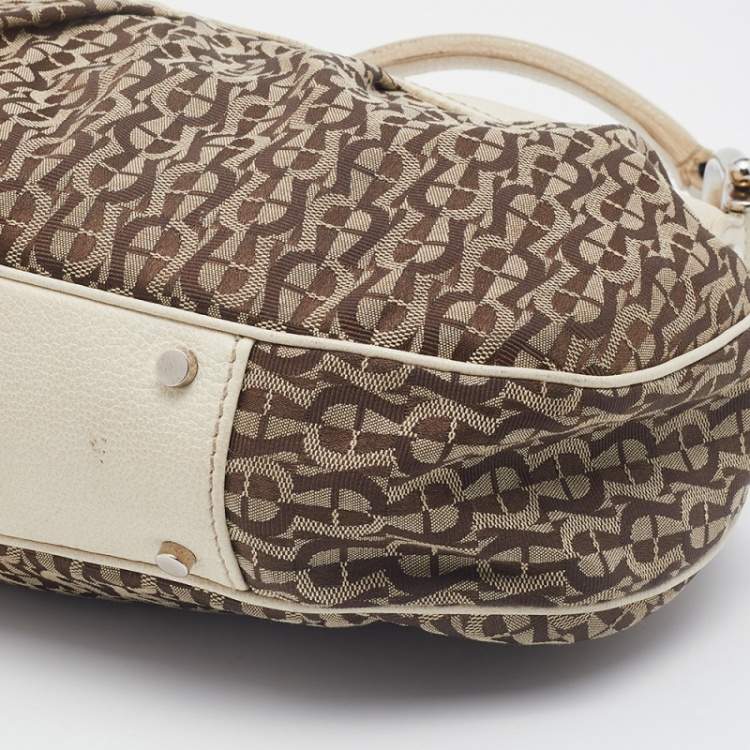 Pre Owned Aigner Off White/Brown Leather and Signature Canvas Shoulder Bag