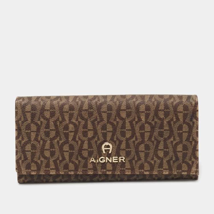 Aigner Beige Signature Coated Canvas Logo Flap Continental Wallet