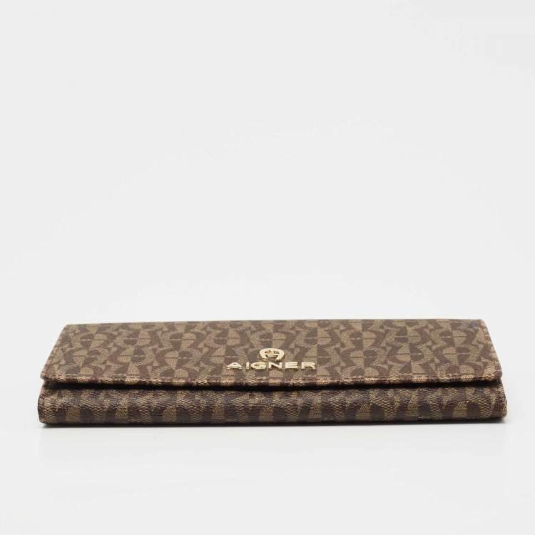 Pre Owned Aigner Beige Signature Coated Canvas Logo Flap Continental Wallet