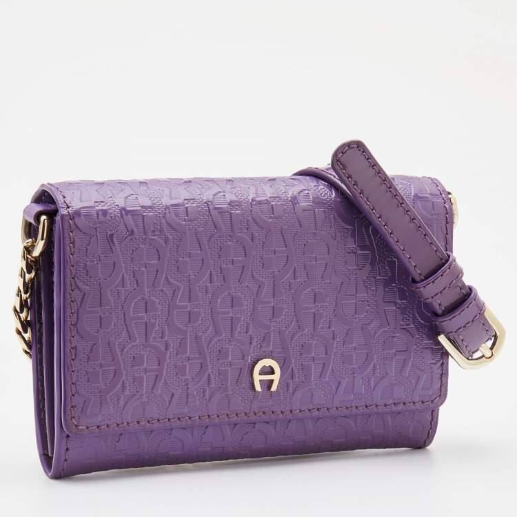 Pre Owned Aigner Purple Embossed Patent Leather Flap Crossbody Bag