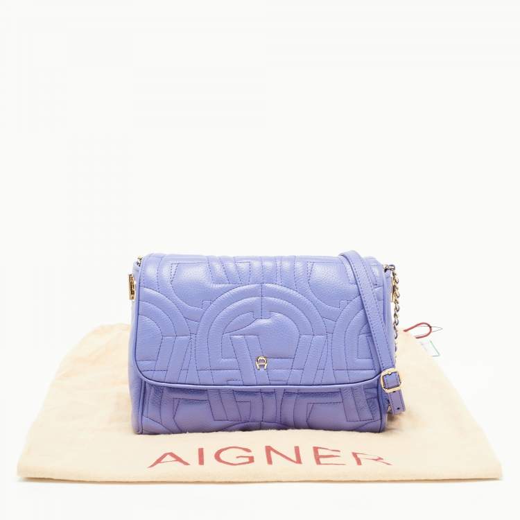 Pre Owned Aigner Purple Embossed Leather Flap Shoulder Bag