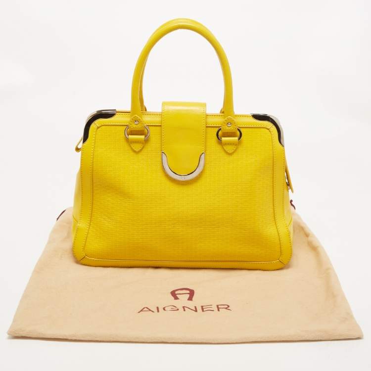 Pre Owned Aigner Yellow Woven Embossed Leather Flap Frame Satchel