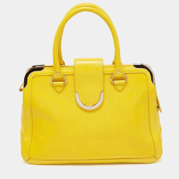 Pre Owned Aigner Yellow Woven Embossed Leather Flap Frame Satchel