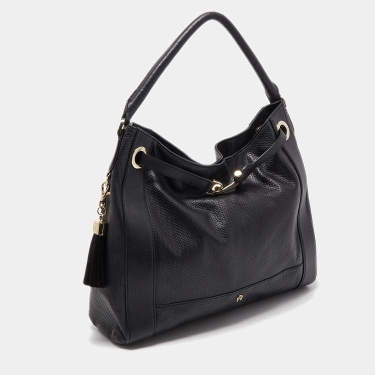 Pre Owned Aigner Black Leather Cavallina Hobo