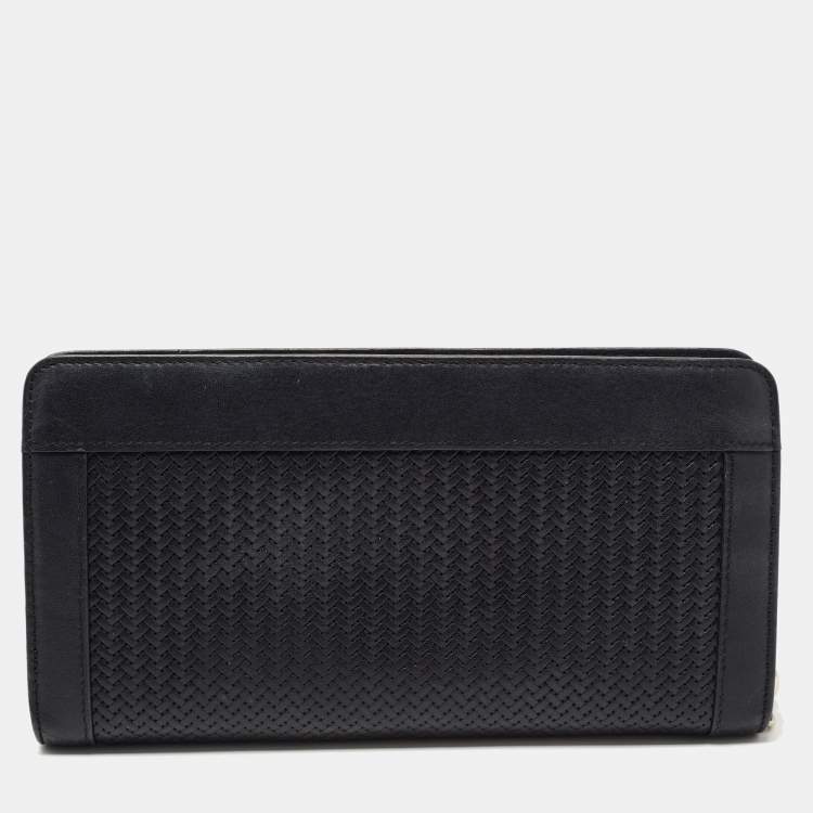 Pre Owned Aigner Black Woven Leather Cavallina Zip Around Continental Wallet