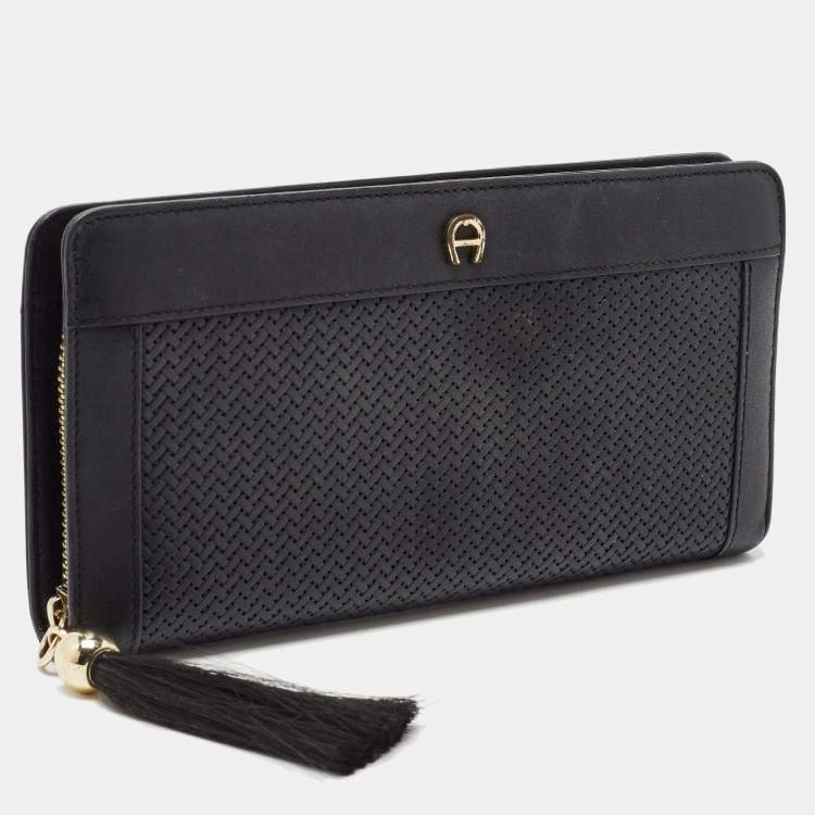 Pre Owned Aigner Black Woven Leather Cavallina Zip Around Continental Wallet