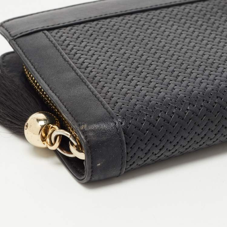 Pre Owned Aigner Black Woven Leather Cavallina Zip Around Continental Wallet