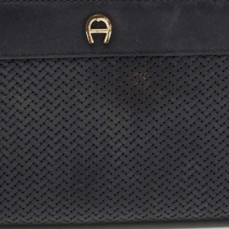 Pre Owned Aigner Black Woven Leather Cavallina Zip Around Continental Wallet