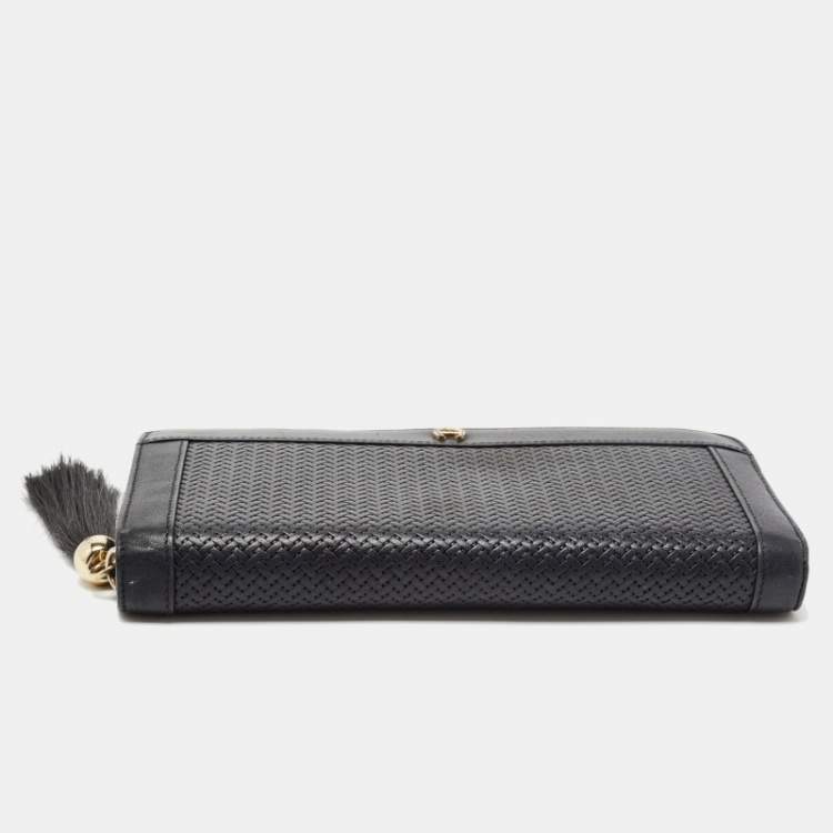 Pre Owned Aigner Black Woven Leather Cavallina Zip Around Continental Wallet