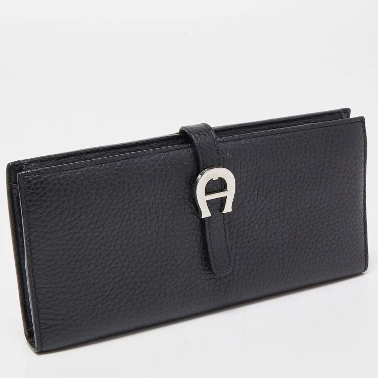 مملوكة مسبقًا Aigner Black Grained Leather Logo Bifold Flap Wallet