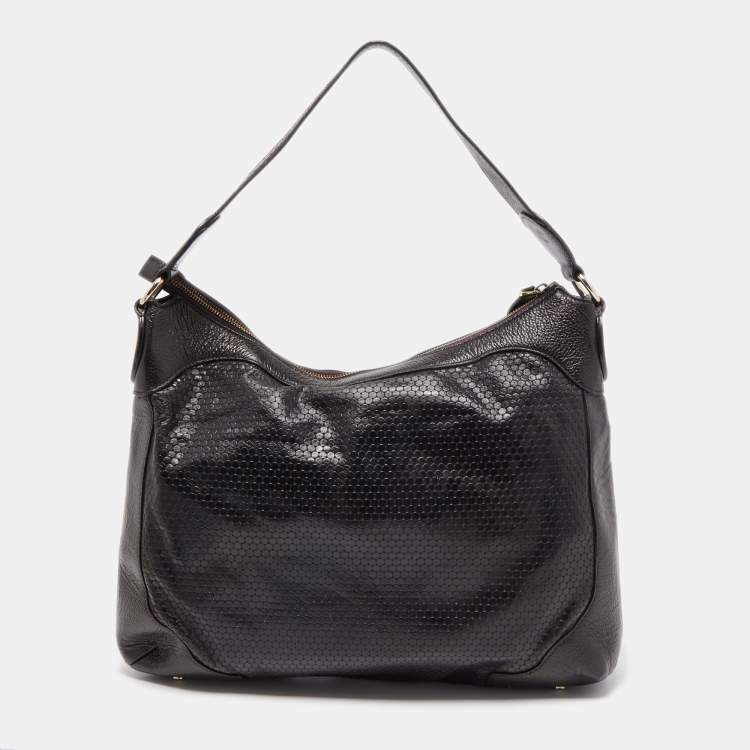 Pre Owned Aigner Black Embossed Leather Zip Hobo