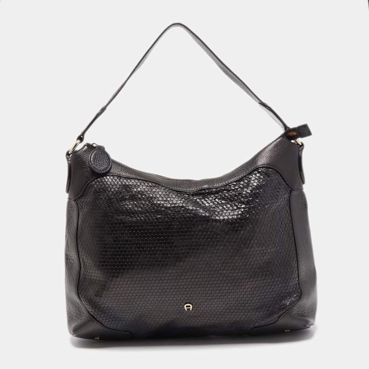 Aigner Black Embossed Leather Zip Hobo Aigner | The Luxury Closet