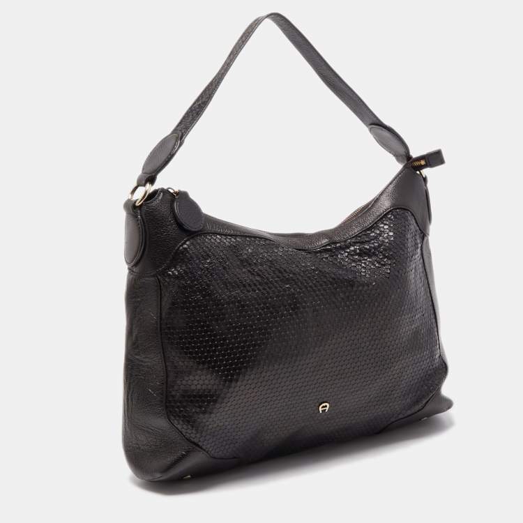 Pre Owned Aigner Black Embossed Leather Zip Hobo